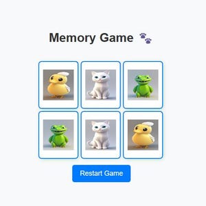 Può includere: Un gioco di memoria con sei carte. Le carte mostrano immagini di un'anatra gialla, un gatto bianco, una rana verde e un gatto bianco. Il gioco ha un pulsante blu che dice "Riavvia gioco".