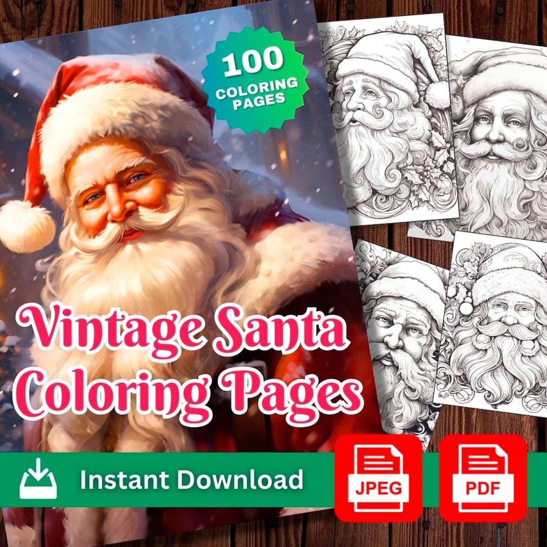 100 Vintage Santa Coloring Pages, Christmas Coloring Printable, Santa
