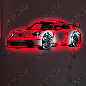 Enseigne de voiture de sport, 911, oeuvre d'art voiture de sport, plaque en métal, éclairage LED, décoration de garage, élégance automobile, enseigne de voiture de luxe, cadeau pour les fans de voiture image 4