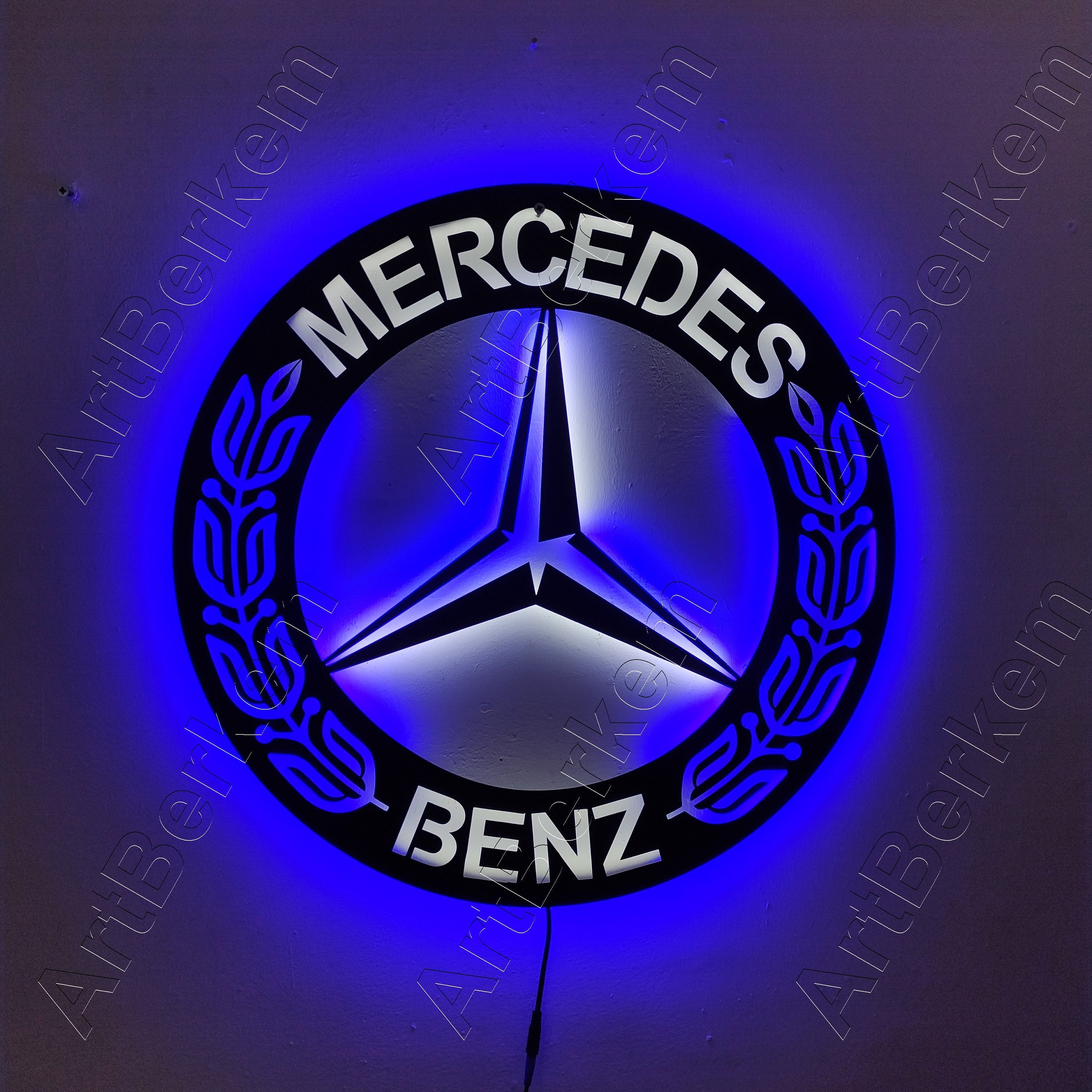 Mercedes Metall Led Schild, Mercedes Garage Dekor, Mercedes Neon