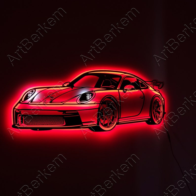 Enseigne de voiture de sport, 911, oeuvre d'art voiture de sport, plaque en métal, éclairage LED, décoration de garage, élégance automobile, enseigne de voiture de luxe, cadeau pour les fans de voiture Red Wheel