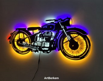 Motorrad, Metall-Schild, LED-Schild, Lichtschild, Wanddekor, Manhöhlendekor, Bürodekor, Wandkunst, Garagenschild, Neon