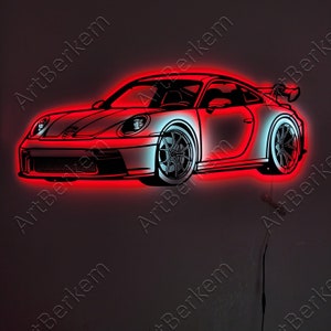 Enseigne de voiture de sport, 911, oeuvre d'art voiture de sport, plaque en métal, éclairage LED, décoration de garage, élégance automobile, enseigne de voiture de luxe, cadeau pour les fans de voiture White Wheel