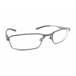 May include: A pair of rectangular eyeglasses with a dark gray metal frame. The glasses feature clear lenses, thin temples, and adjustable nose pads. The design is simple and functional, with a lightweight construction and a matte finish on the frame.