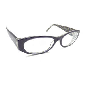 May include: Dark purple oval-shaped eyeglasses with a glossy finish. The temples feature a geometric pattern in shades of purple, green, and gold on the inner side. The frames have a smooth, rounded design with clear lenses and silver accents.