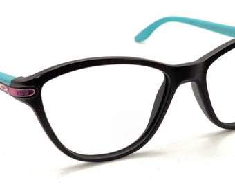 Monturas de gafas Oakley Twin Tail OY8008-0150 en negro satinado y turquesa con forma de gato, 50-15, 127