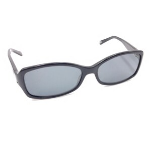 May include: A pair of sunglasses with a glossy black plastic frame and dark gray tinted lenses. The rectangular frames feature slightly rounded edges and thin, matching black temples that extend from the sides to provide a secure fit.