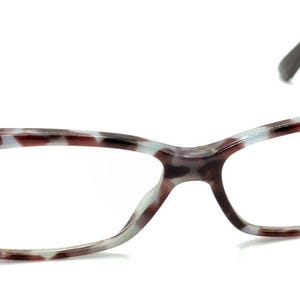 May include: A pair of tortoiseshell eyeglasses with a blue and brown pattern. The glasses have a rectangular shape and clear lenses.