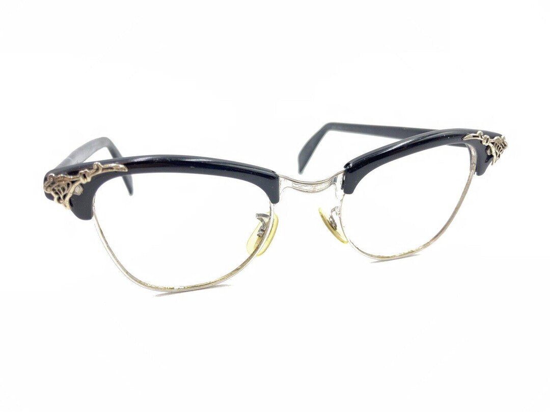 1960年代 Shuron decorated Sirmont 44□20 Shuron Vintage Black Silver Cat Eye Eyeglasses Frames 44-22