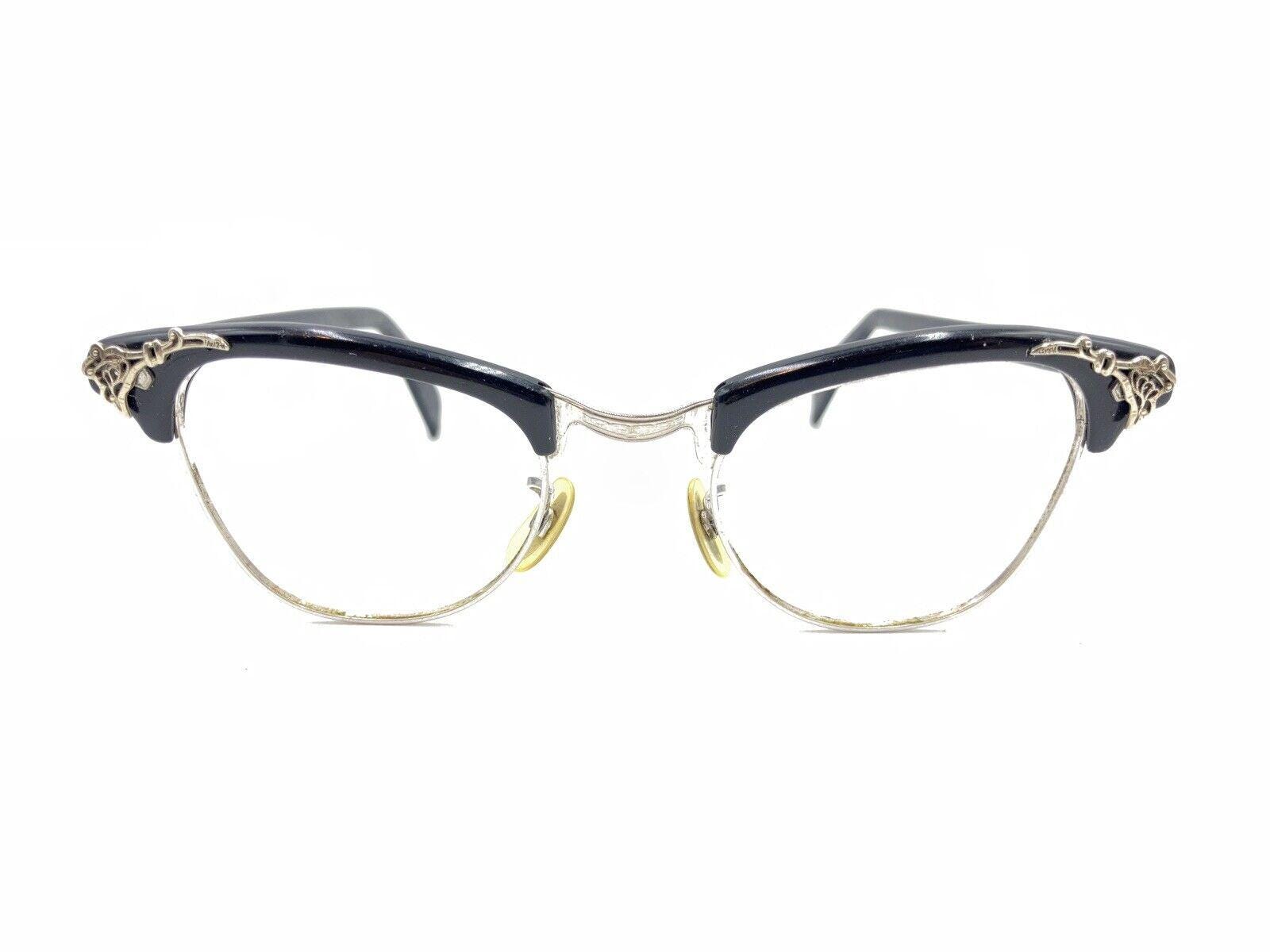 Shuron Vintage Black Silver Cat Eye Eyeglasses Frames 44-22
