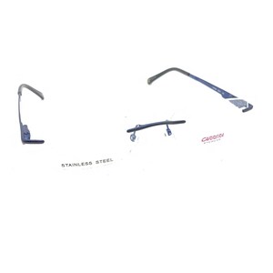 May include: Rimless eyeglasses with dark blue temples and a bridge featuring the Carrera Eyewear logo. The frame is constructed from stainless steel, with the text STAINLESS STEEL printed on the left lens area and Carrera Eyewear on the right.