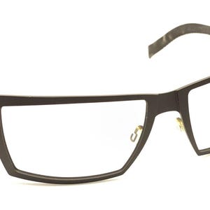 May include: Black rectangular eyeglasses with a thick frame and a gold accent on the temple.