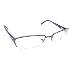 May include: A pair of semi-rimless eyeglasses featuring a dark gray metal frame with rectangular lenses. The design includes thin temples and adjustable nose pads, providing a clear view of the front and side profile of the eyewear structure.