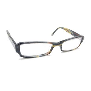 May include: Rectangular eyeglasses featuring a multi-colored tortoiseshell pattern in shades of brown, gray, and cream. The frames have a polished finish with clear lenses and thin, slightly curved temples extending from the outer corners of the frame.