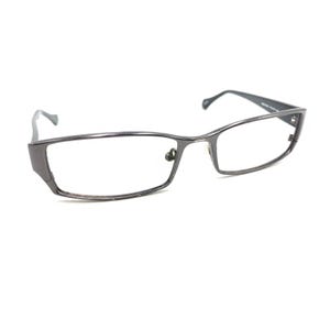 May include: A pair of rectangular eyeglasses with a dark metallic gray frame. The glasses feature thin, polished rims, a bridge connecting the two lenses, and slender temples that curve at the ends for a secure fit over the ears.