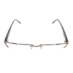 May include: A pair of semi-rimless spectacles featuring a thin, metallic brown frame with a rectangular shape. The temples are dark with a tortoiseshell pattern, and the bridge includes adjustable nose pads for a secure fit on the face.
