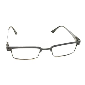 May include: Rectangular eyeglasses featuring a matte dark gray metal frame. The front of the frame displays a small, embossed X-shaped detail on each outer corner where the temples connect to the rims. The temples are thin and dark gray.