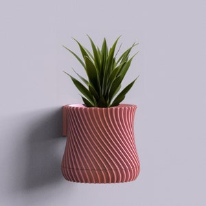 Puede incluir: Un macetero de pared de color rosa con un patrón de espiral y una planta verde en su interior.