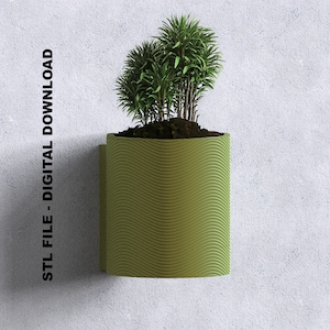 May include: A green, wavy, cylindrical planter with a small plant growing inside. The planter is mounted to a white wall. STL FILE - DIGITAL DOWNLOAD.