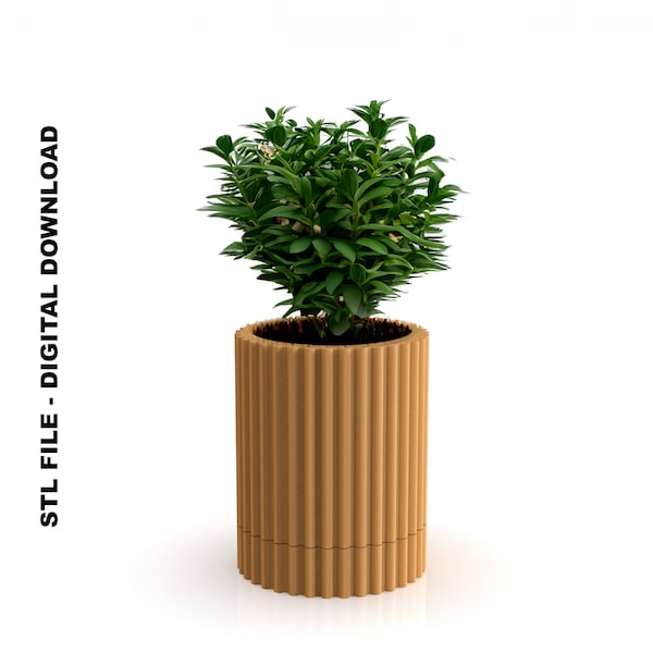 Planter Plant Pot with Drip Tray STL File for 3D Printing - Desk Shelf Planter, Modern Stripe Line Design