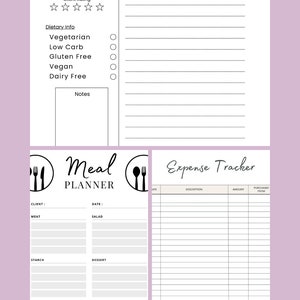 Op de afbeelding: Een printbare cateringplanner met secties voor menu-planning, kostenbewaking en notities. De planner bevat een sectie voor klantbeoordeling, dieetinfo en een menu-planner met secties voor vlees, zetmeel, dessert, verfrissing en extra. De kostenbewaker bevat kolommen voor beschrijving, bedrag en gekocht van.