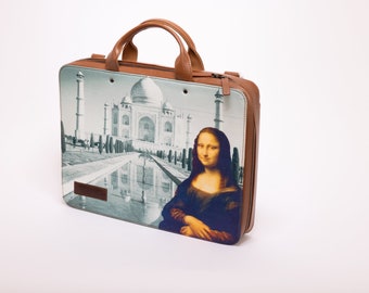 AstraSeven® Laptop bag, Document bag 100% Genuine Leather and Canvas Art. with travel insert loop in the back.