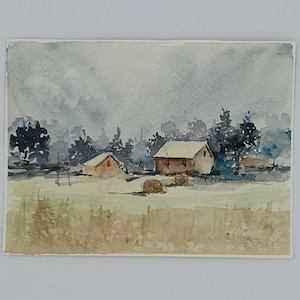 Aquarelle paysage champêtre/ tableau champêtre/ décoration murale/ aquarelle paysage champêtre