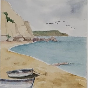 Acquarello originale di barche sulla spiaggia/Acquarello marino/