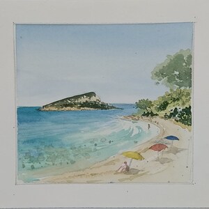 Acquarello spiaggia Sardegna cala Moresca paesaggio marino mare Italia pittura decorazione pareti casa mare