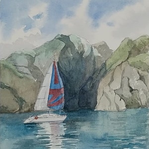 Original watercolor of a sailing boat.
