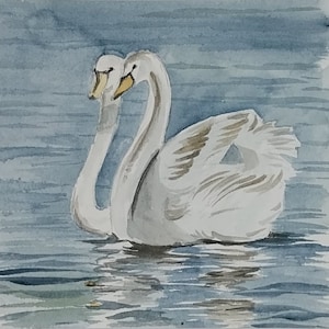 Acquerello originale di coppia di cigni nel lago/ Arte del cigno