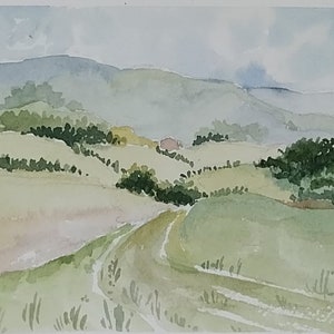 Acquerello originale di paesaggio collinare