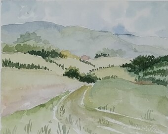 Acuarela original de un paisaje montañoso.