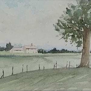 Maisons de campagne/arbres/paysage campagnard/ Campagne émilienne/ Campagne italienne/ campagne/ paysage/ nature/ aquarelle