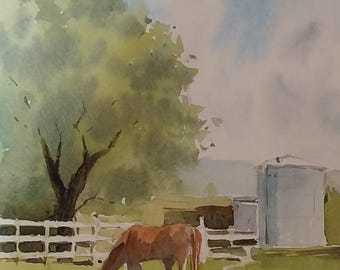 Paisaje original de acuarela con caballo.