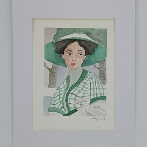 Acquerello originale di donna/ ritratto di signora Ottocento/