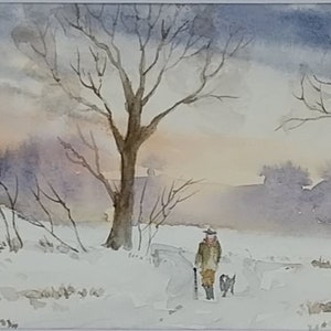 Pair of watercolors of snowy countryside landscape / painting / set of paintings / wall decoration