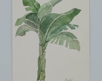 Acuarela original de planta de plátano/ Acuarela botánica/ Pintura de plátano en acuarela/ Arte de pintura de plantas tropicales/