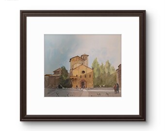 Basilica of Santo Stefano in Bologna. Original watercolor.