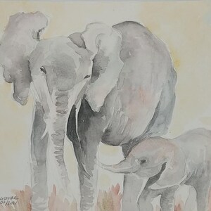 Elefanti dipinti ad acquarello - Elefantessa con cucciolo di elefante - decorazione stanza bambini - animali ad acquarello - pittura