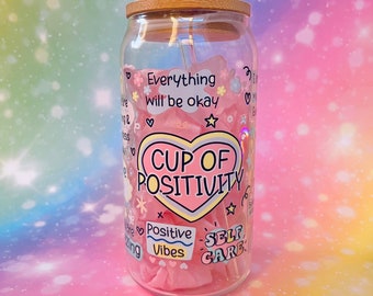 Glas mit Strohhalm & Deckel | Cup of Positivity | Geschenk | Deko | Kaffee | Geschenkidee | Valentinstag | Kawaii