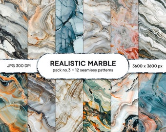 12 Realistic Marble Digital Papers, Seamless Patterns for Scrapbooking & DIY Crafts, Printable Backgrounds, Commercial Use, Instant Download