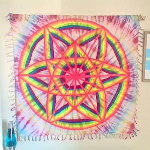 Handmade UV Reactive Paint Tie Dye Sacred Geometry Tapestry