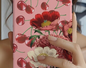 Cherries Phone Case, Red Pink Flowers, Messy Coquette Aesthetic, Spring Summer Style, iPhone 16, 15, 14, 13, 12, 11, Pro Max, Samsung Galaxy