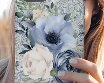 Blue Floral Case, Cell Phone Case, Elegant Cottagecore Cover, iPhone 16 15 14 13 12 11 Pro Max, Samsung s25 Phonecase, Google Pixel Case