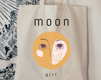 Boho Moon Face Girl Tote, Female Art Bag, Tween Girl Gifts, Celestial Moon Lover Bag, Girl Camping Tote, Moon Child Tote Bag, Farmers Market