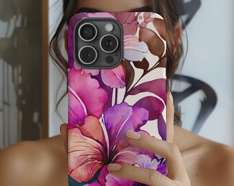 May include: A smartphone case featuring a watercolor floral design. The case showcases vibrant pink, purple, and brown flowers with green leaves against a white background. The phone case has a camera module with three lenses.