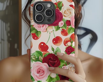 Cherries And Roses Phone Cover Collage Cell Phone Case Fruit And Flowers Cover Girly Gifts Roses And Cherries Summer Phone Case PinkRed Gift
