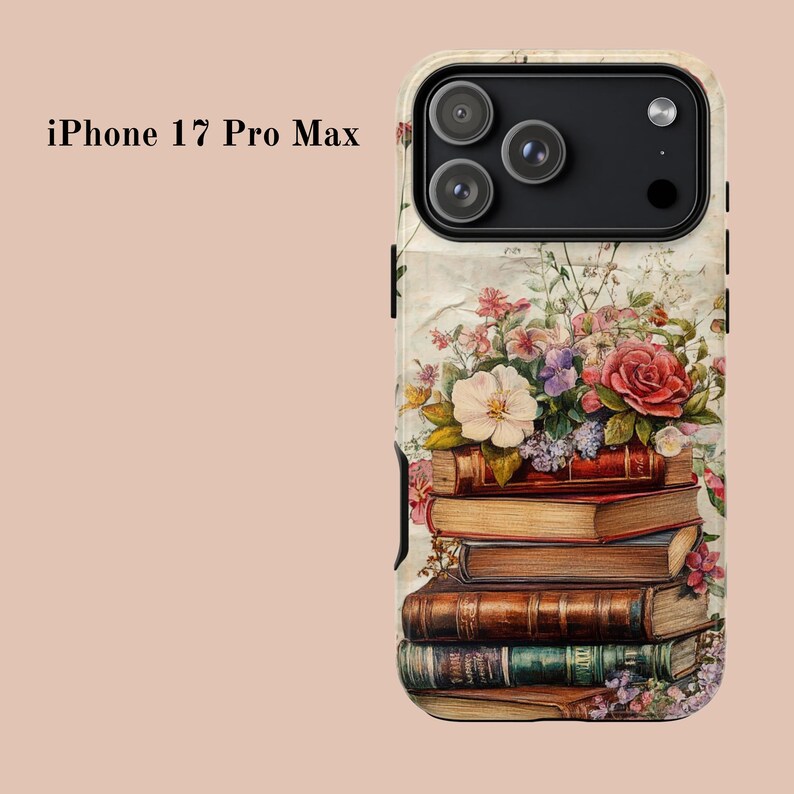 Bookish iPhone case with vintage floral design and stacked books illustration, perfect for literary girls, book lovers, readers, and cottagecore aesthetic fans; ideal graduation or sister gift.