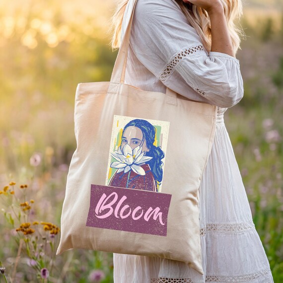 Boho Girl Flower Face Tote Bag Wildflower Shopping Bag Tween Girl 
